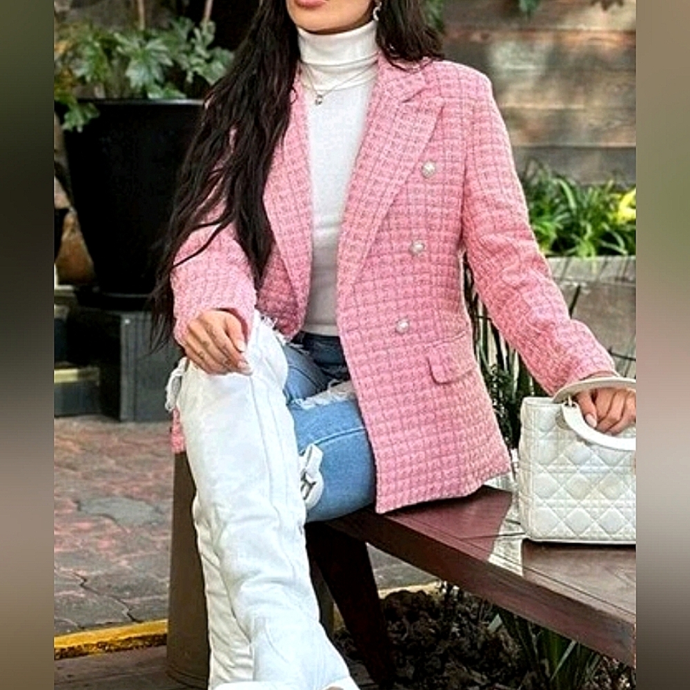 * NEW Luxe Tweed Double Breasted Jacket Blazer Pink Metallic